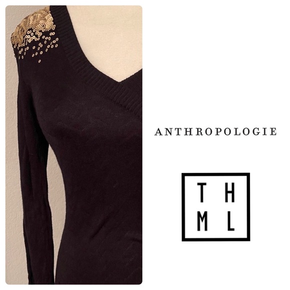 Anthro THML Black & Gold Sequins Sweater D… - Picture 2 of 8